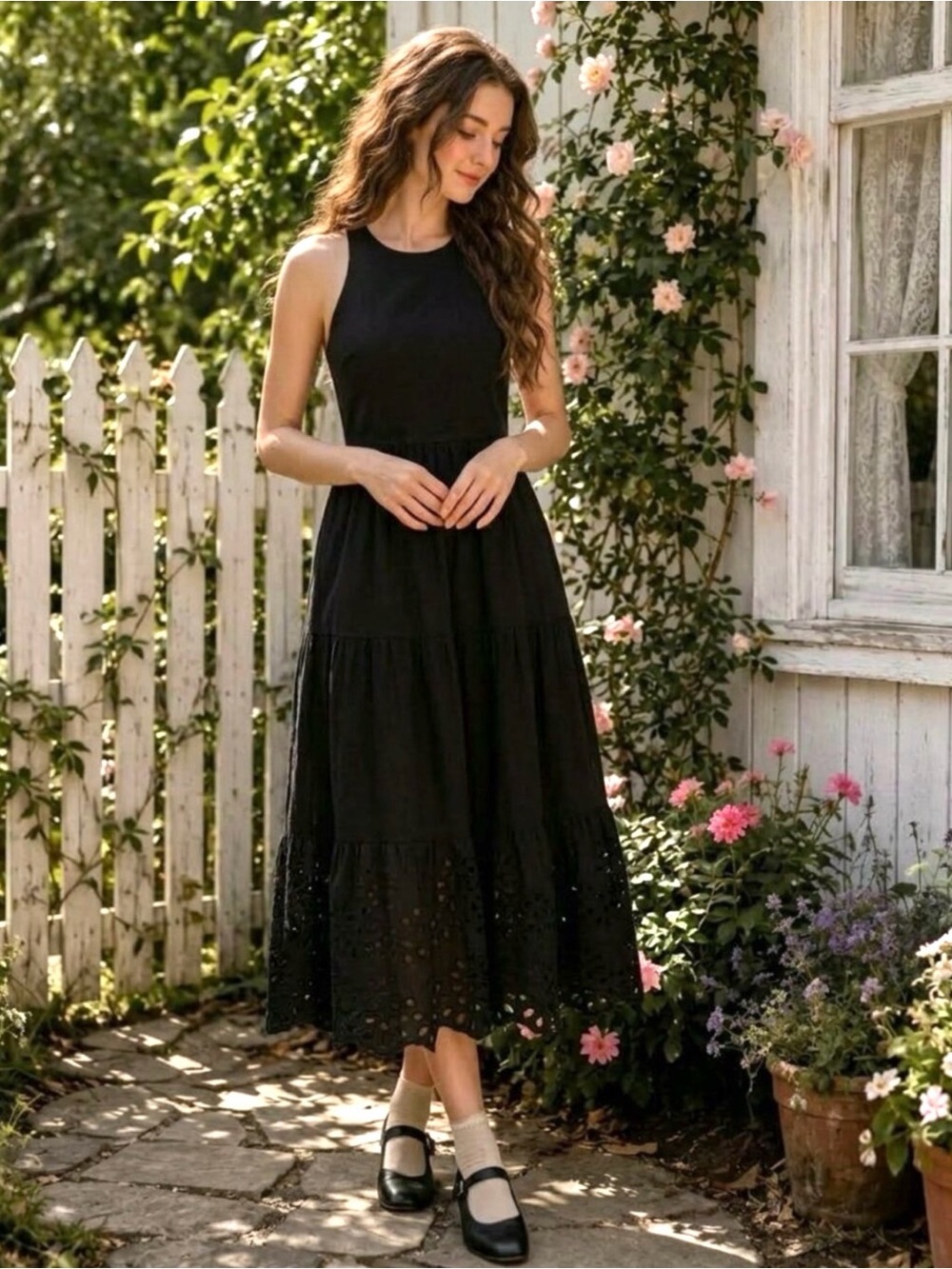 J. Crew Tiered Black Knit Flowy Beachy Maxi Dress with Eyelet Trim Size XS